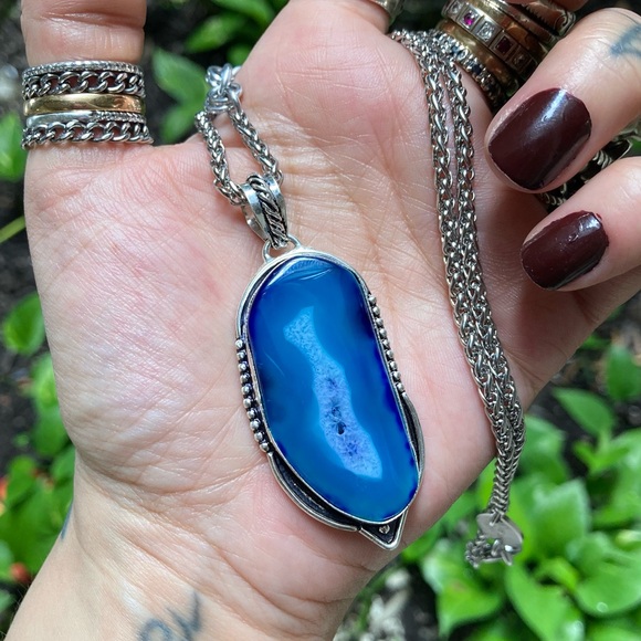 925 sterling silver overlay charm blue geode agate slice gemstone boho necklace - Picture 9 of 15